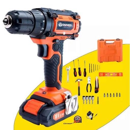 DAEWOO TALADRO A BATERIA 18V + 54 ACCESORIOS Y MALETIN